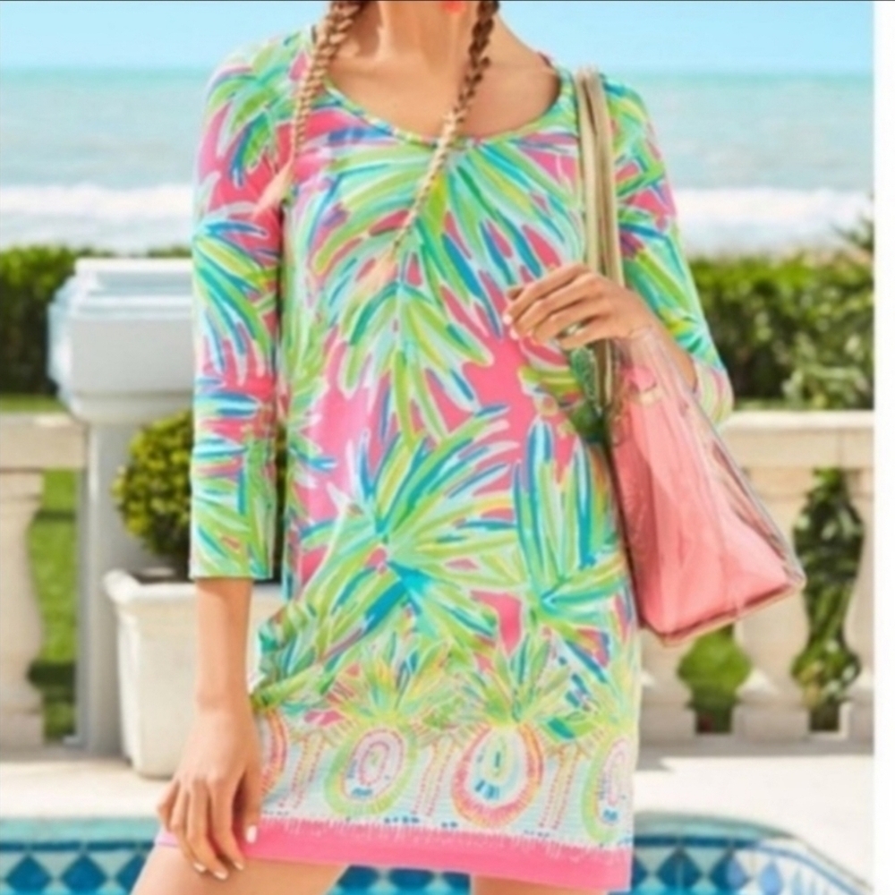 Lilly Pulitzer Beacon Pima Cotton Shift Dress In Tiki Pink Royal Lime